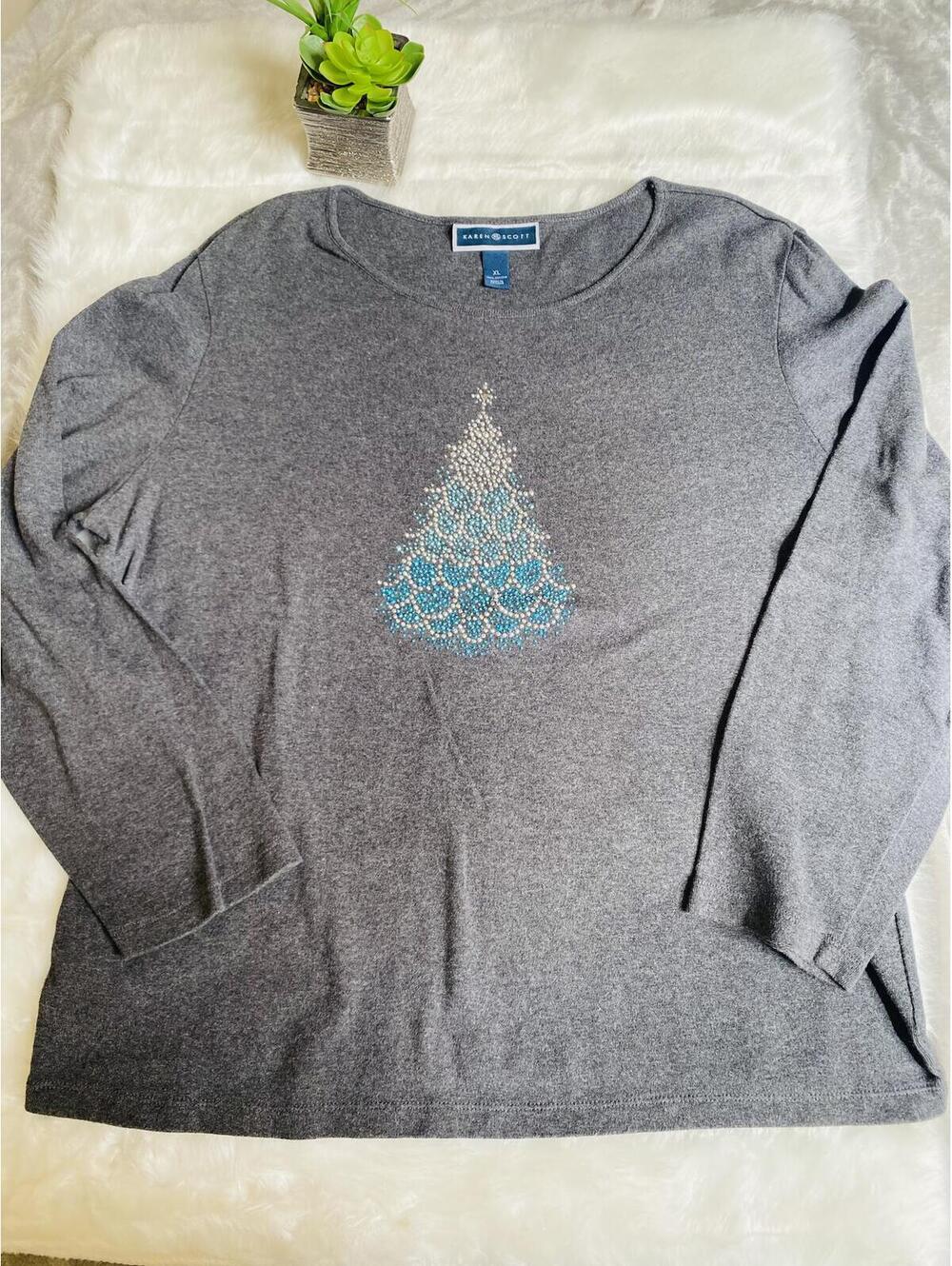 Karen Scott Gray Beaded Christmas Tree Sweater XL